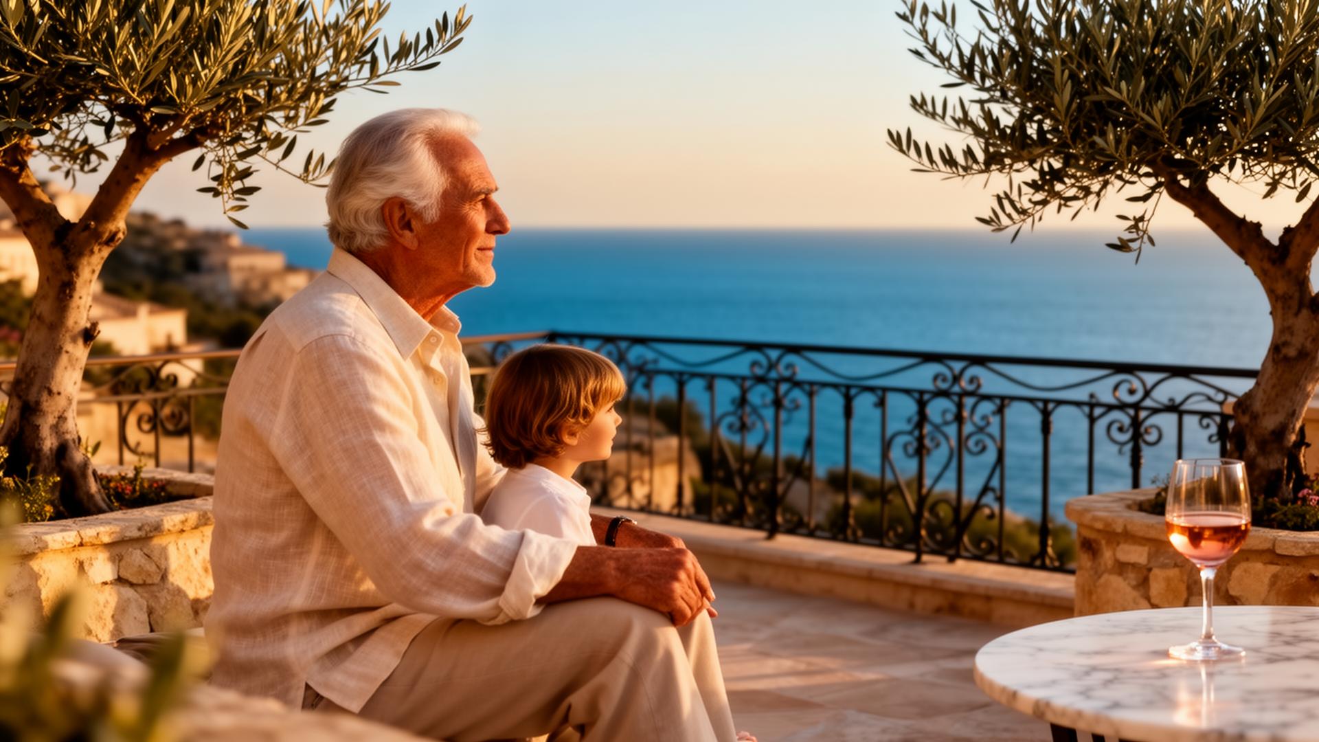 Grandfather and grandchild overlooking the Mediterranean sea from a luxury villa terrace